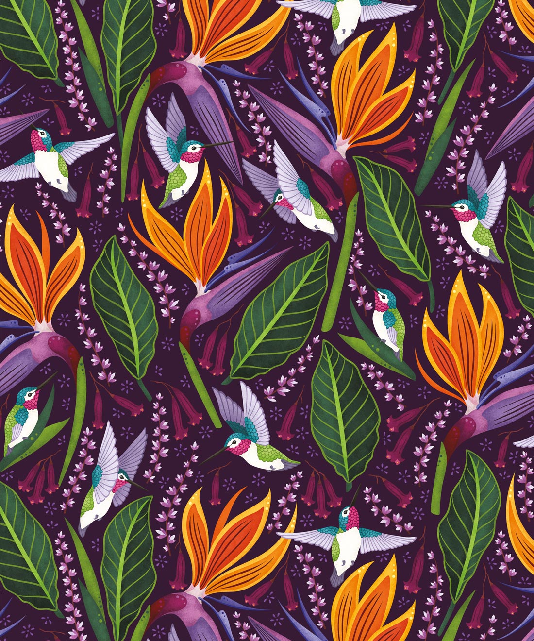 Hummingbirds Wallpaper • Folklore & Flora • Purple • Swatch