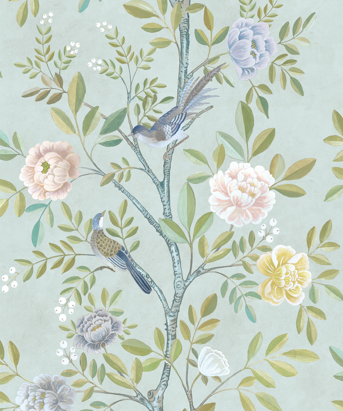 Flowers Peacock on The Blue Background Chinoiserie Wallpaper