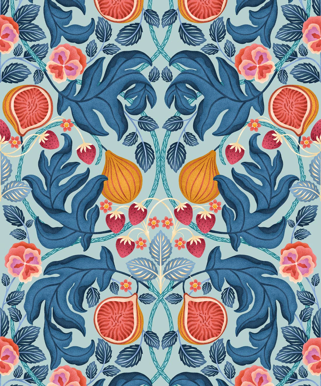 Figs & Strawberries Wallpaper • Folklore & Flora • Powder Blue & Ochre • Swatch
