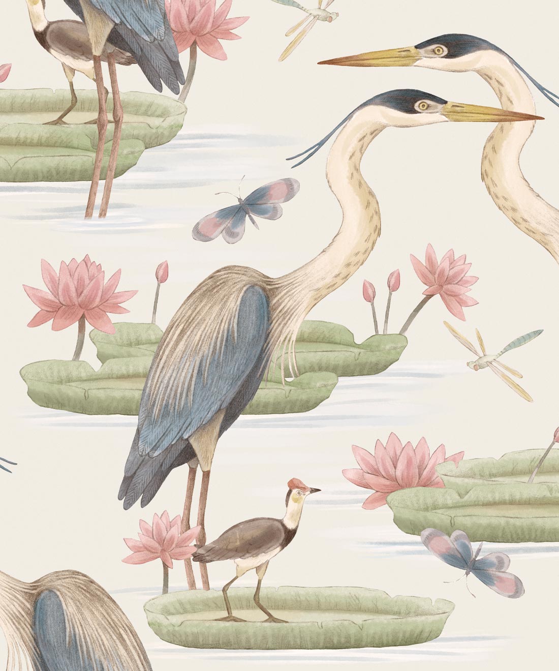 Heron, Jacana & Giant Lilypad Wallpaper • Allira Tee • Snowflake • Swatch