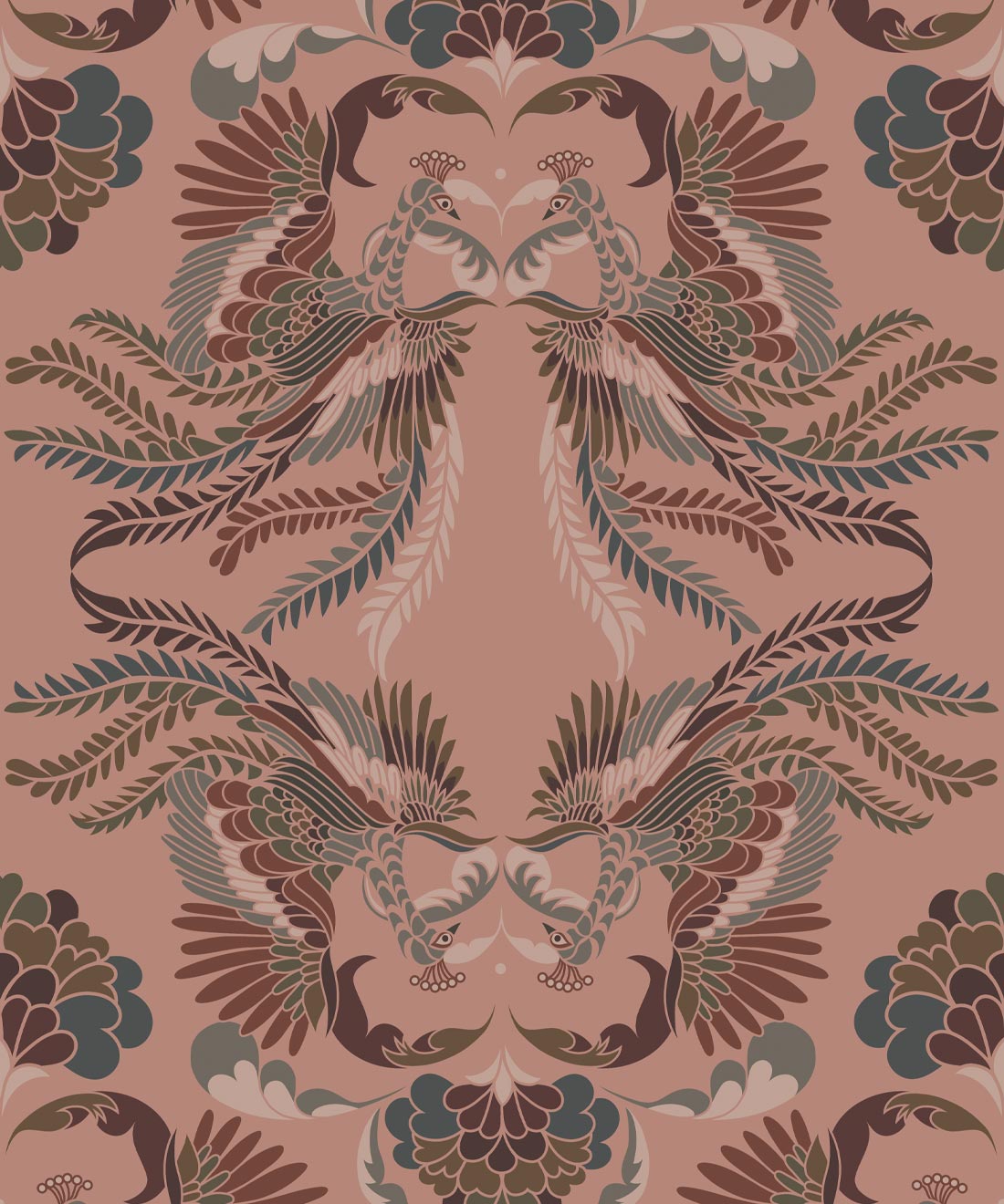Prancing Peacocks Wallpaper • House of Heras • Salmon • Swatch