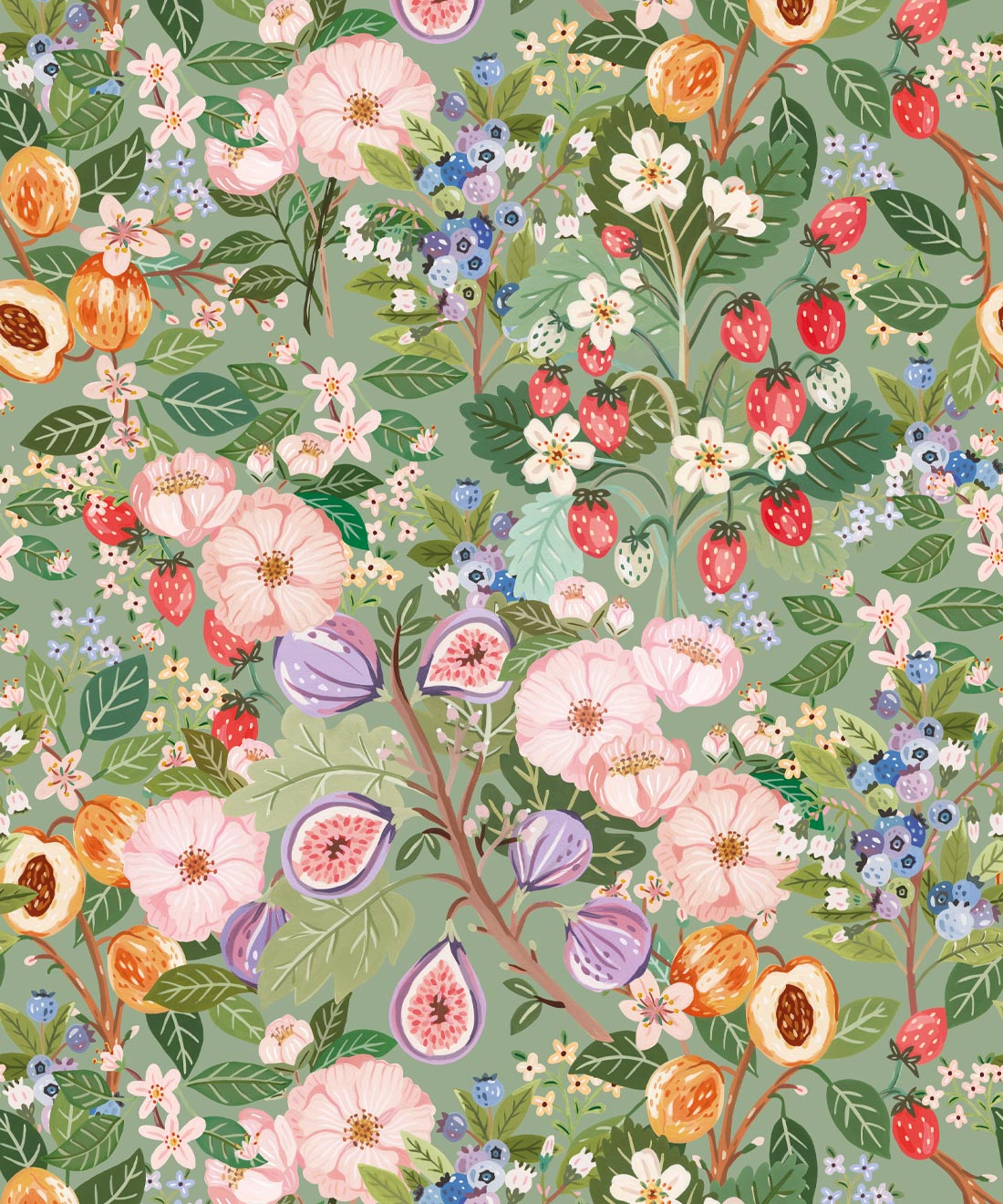 Summer Fruit Wallpaper • Bespoke Letterpress • Summer Green • Swatch