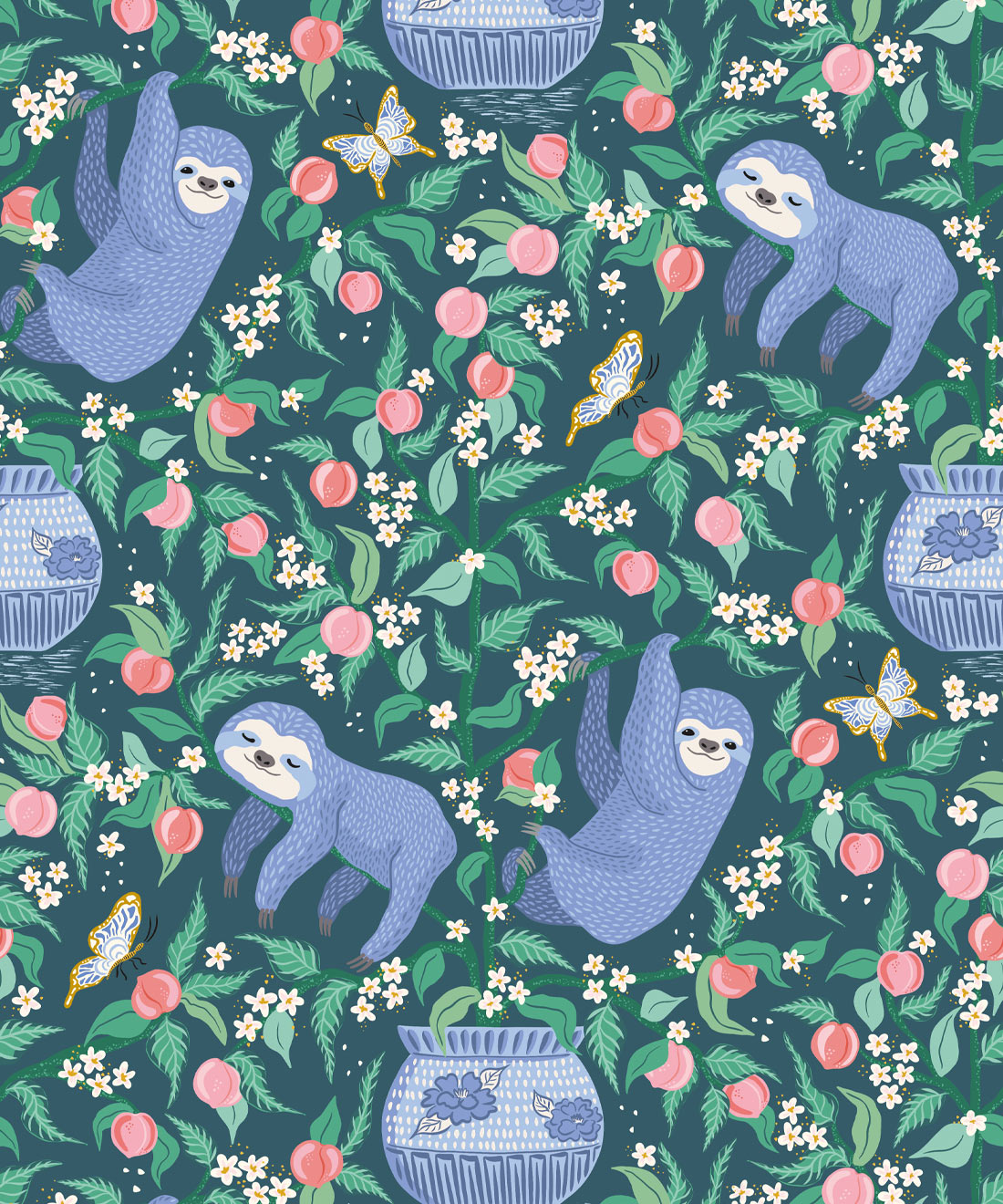 Sloth Wallpaper • Bespoke Letterpress • Teal • Swatch