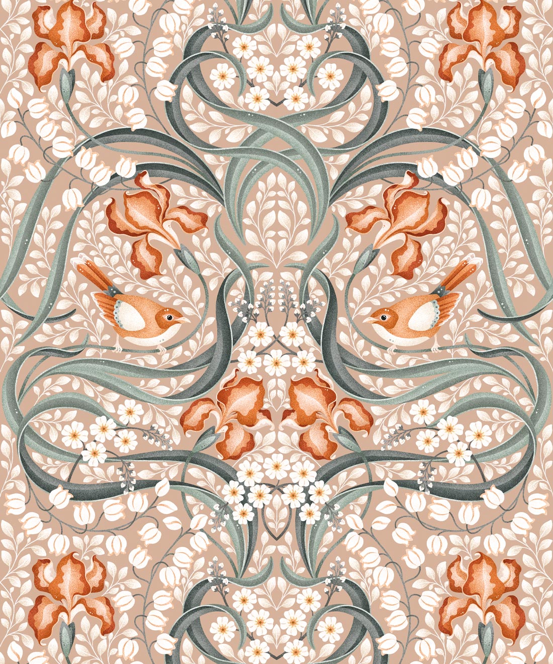 Bellbirds & Iris Wallpaper • Folklore & Flora • Pistachio • Swatch