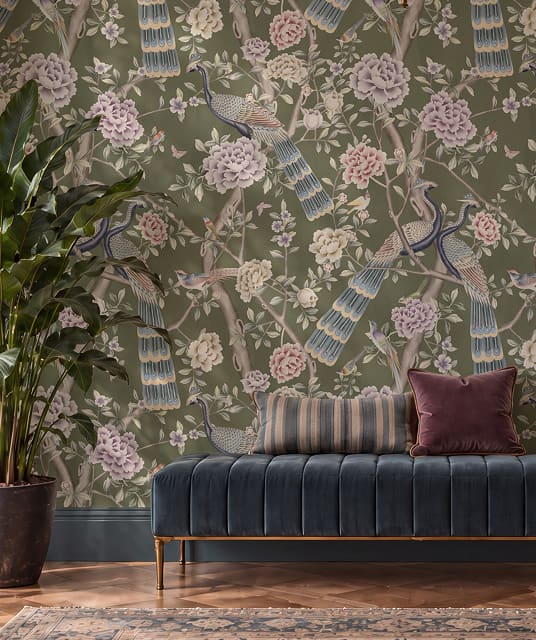 Peacock Pavilion Wallpaper - Colourway: Olive - Insitu - The Garden House Collection - Kingdom Home x Milton & King