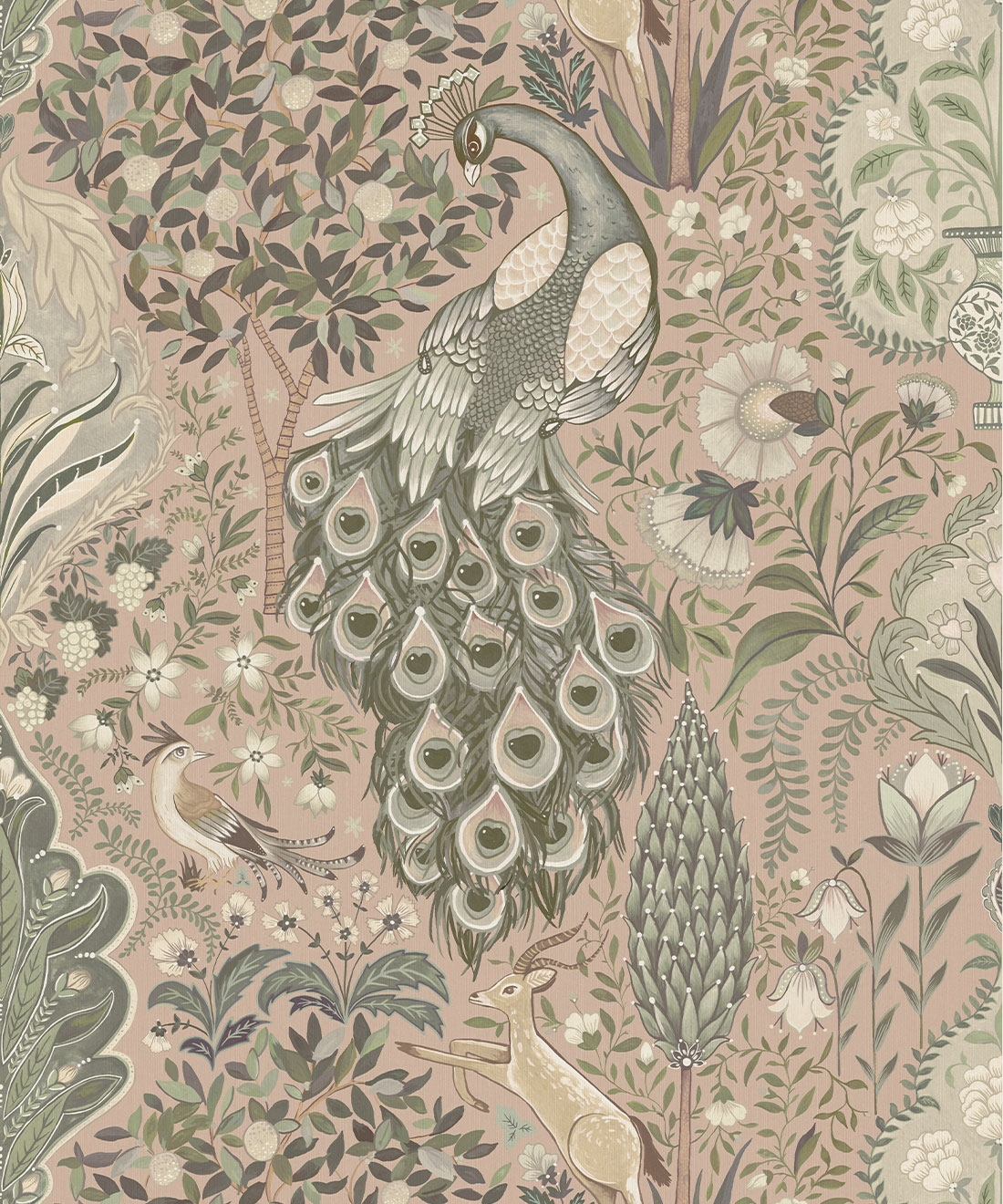 Peacock Garden Decorative Textile Wallpaper • Milton & King Studio • Antique Rose • Swatch