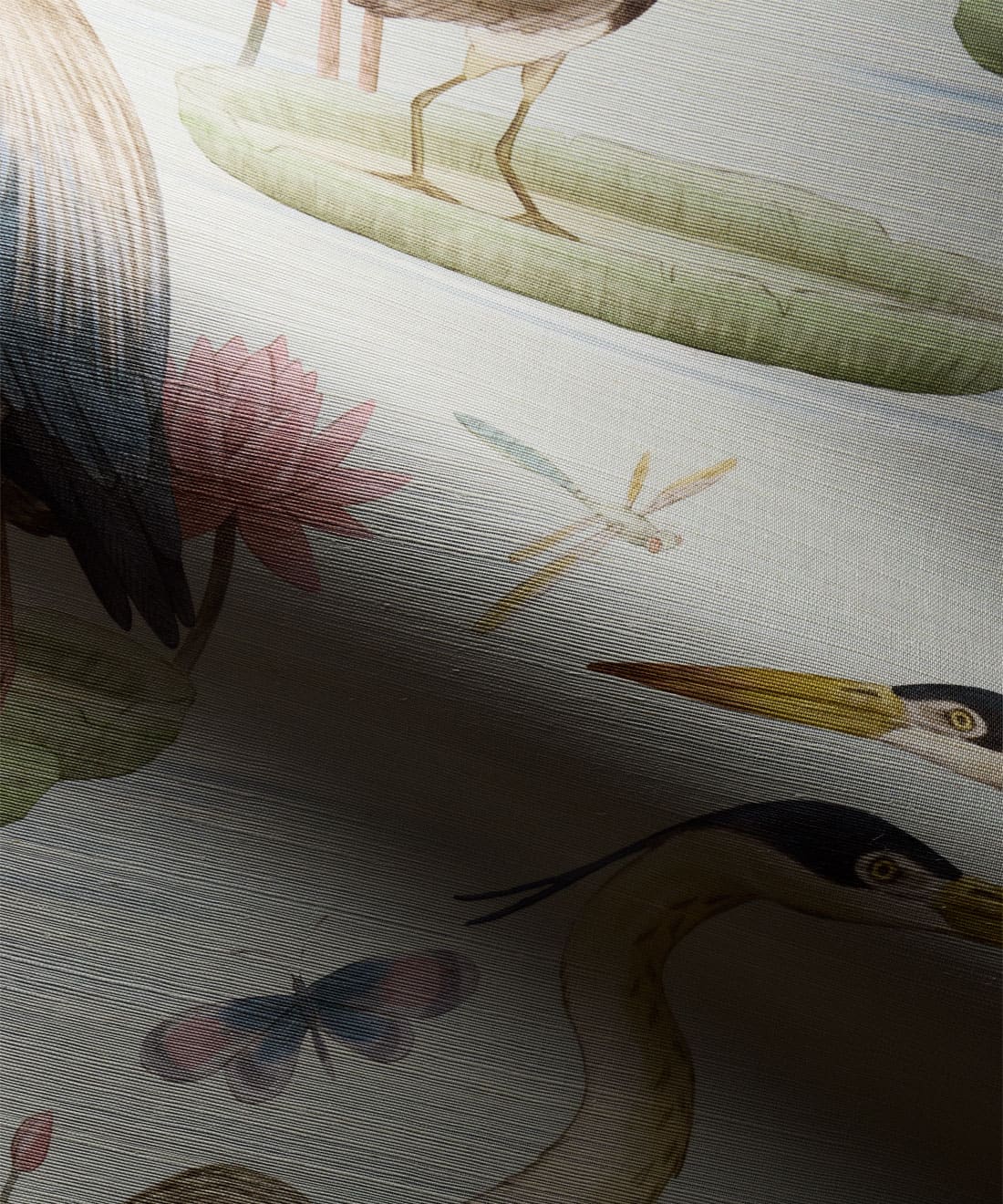 Heron, Jacana & Giant Lilypad Grasscloth Wallpaper • Allira Tee • Snowflake • Swatch