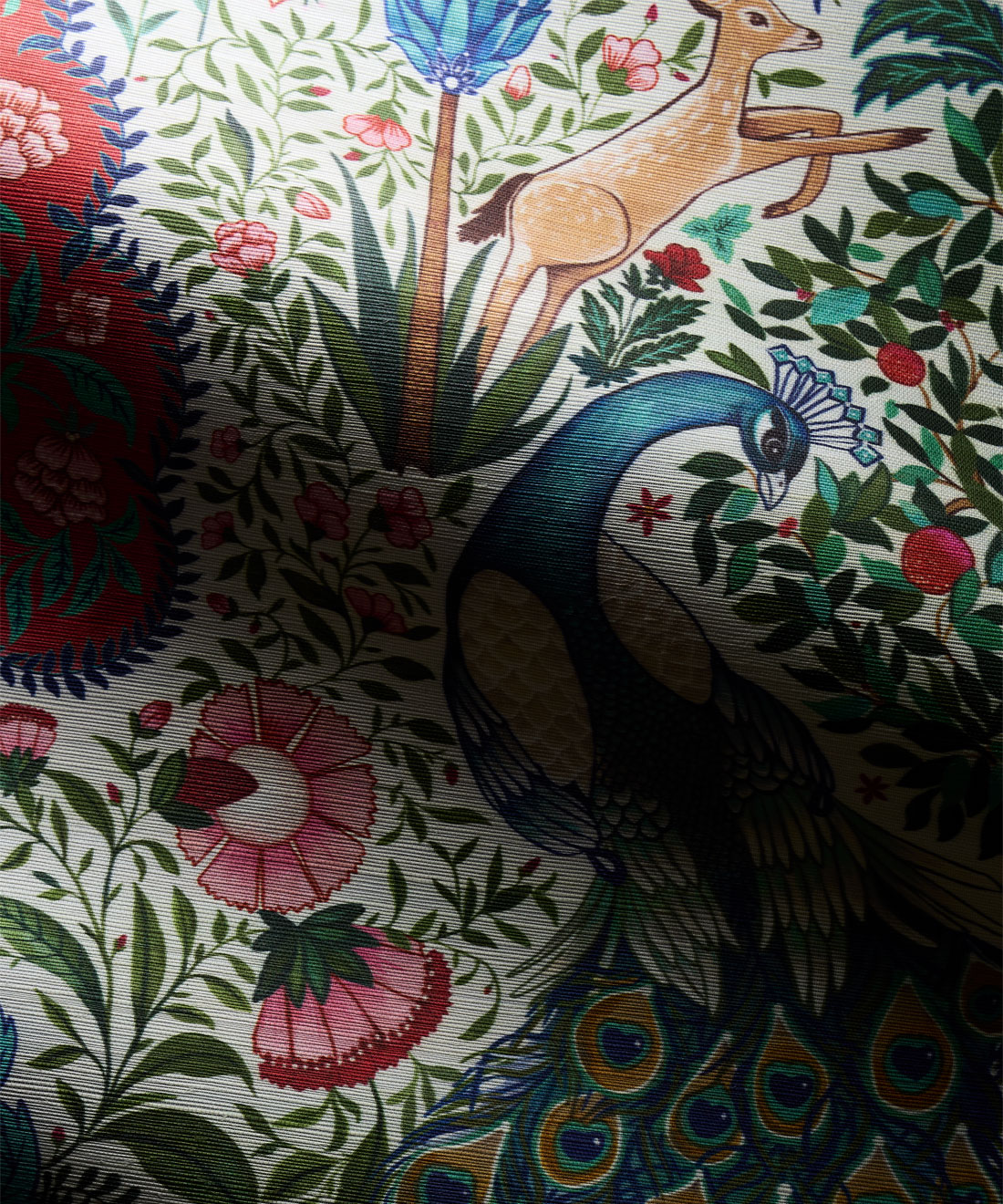 Peacock Garden Grasscloth Wallpaper • Milton & King Studio • Ruby • Swatch
