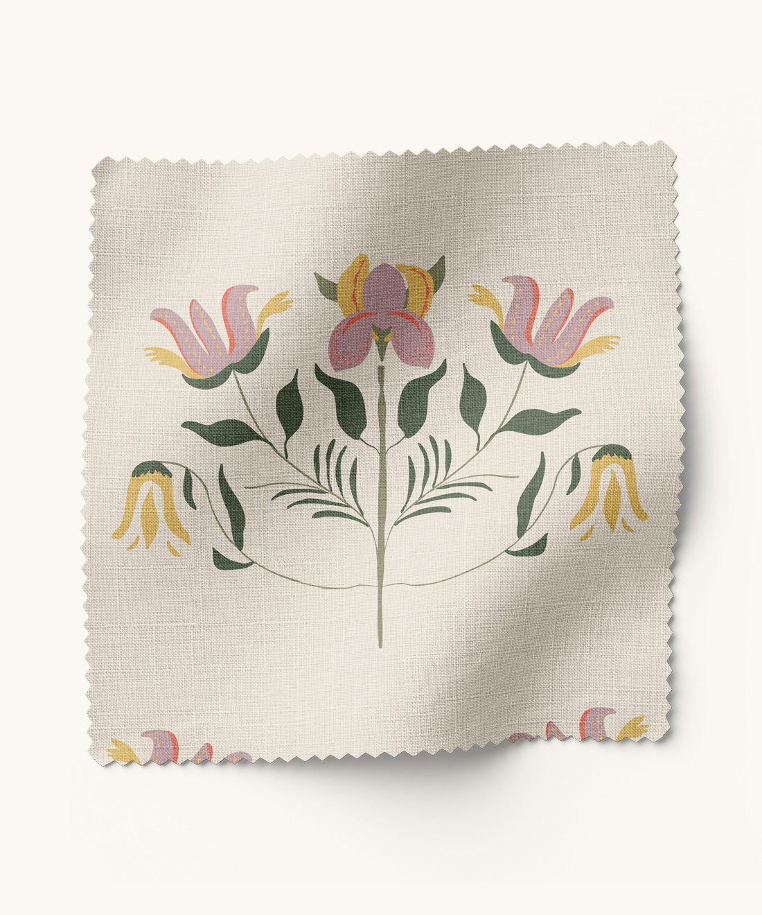 Pink Lotus Fabric • Gray Benko • Pink & Green • Swatch